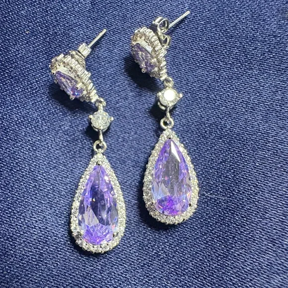 Earrings Sterling Silver White Gold Over Cubic Zirconia - Picture 3 of 4